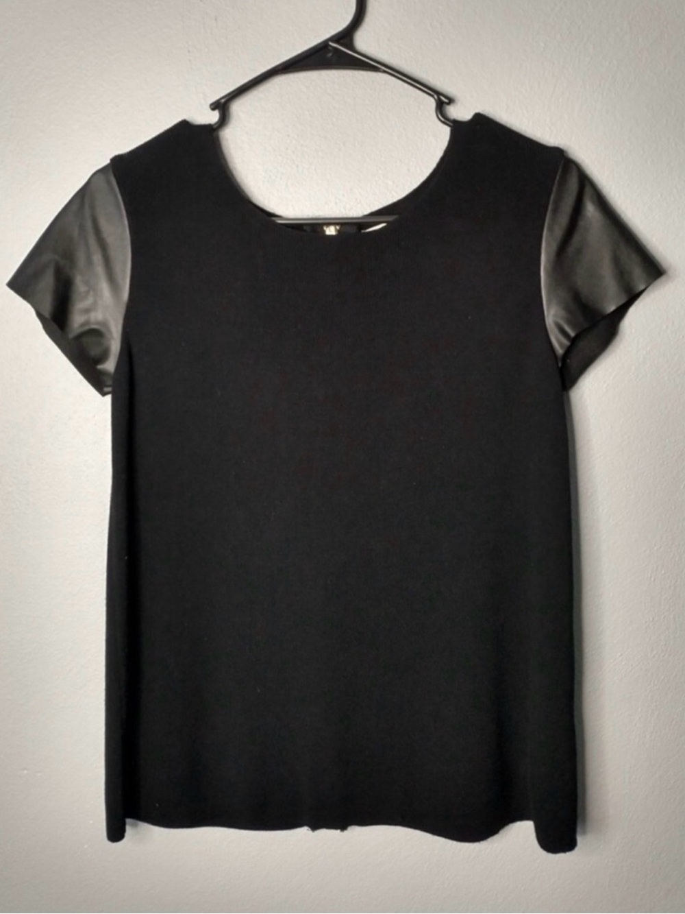 Zara Black Short Sleeve Top with Faux Leather Sleeves
